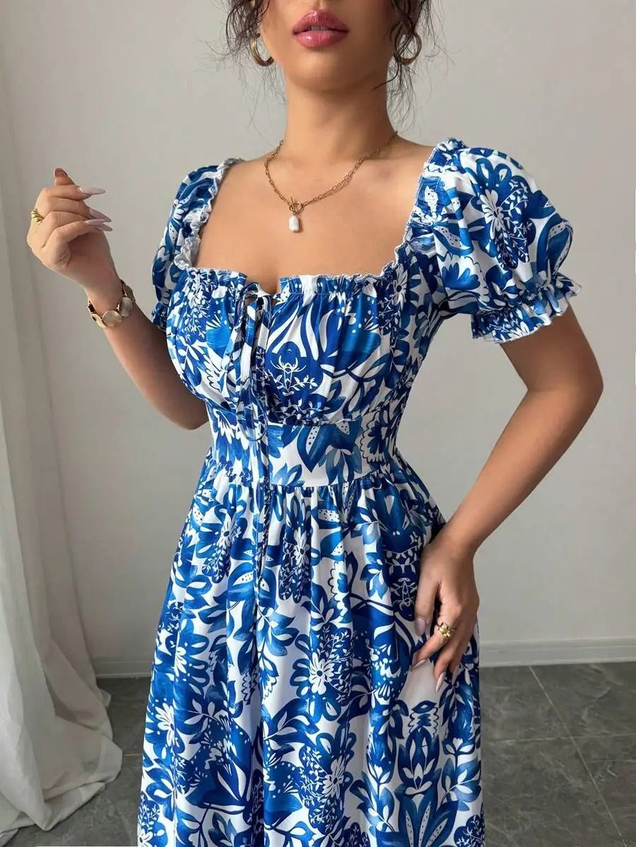 Inés | Vestido Largo Floral con Escote Cuadrado y Mangas Abullonadas