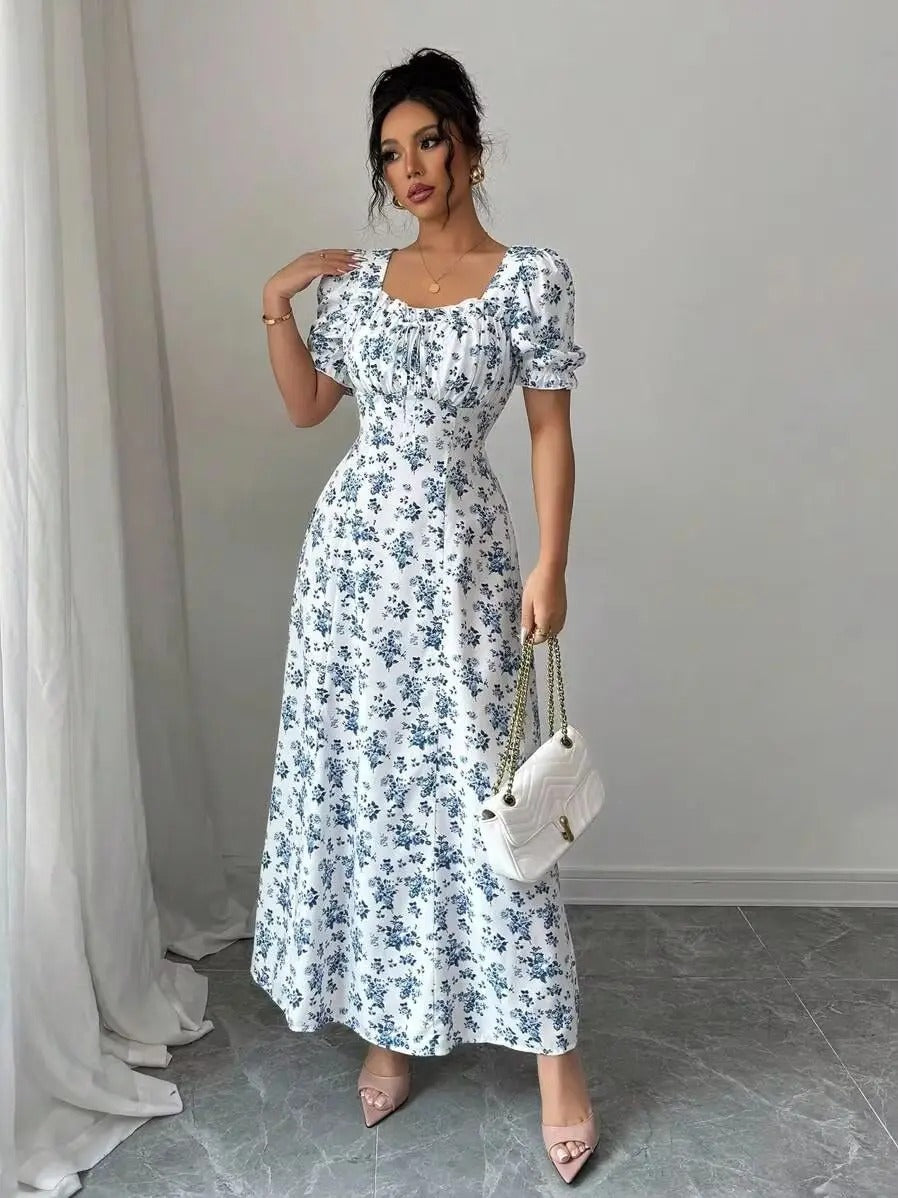 Inés | Vestido Largo Floral con Escote Cuadrado y Mangas Abullonadas