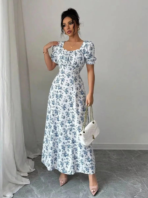 Inés | Vestido Largo Floral con Escote Cuadrado y Mangas Abullonadas