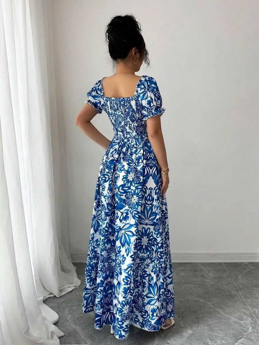 Inés | Vestido Largo Floral con Escote Cuadrado y Mangas Abullonadas