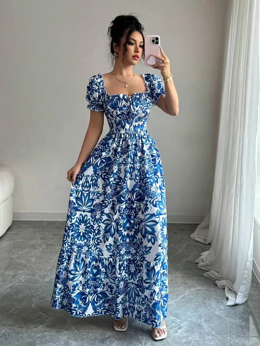 Inés | Vestido Largo Floral con Escote Cuadrado y Mangas Abullonadas