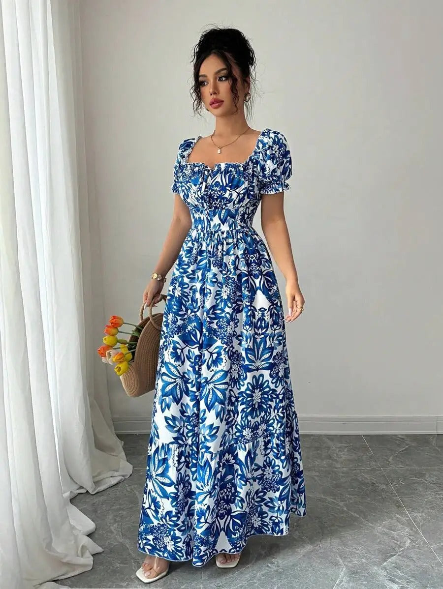 Inés | Vestido Largo Floral con Escote Cuadrado y Mangas Abullonadas