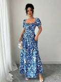 Inés | Vestido Largo Floral con Escote Cuadrado y Mangas Abullonadas