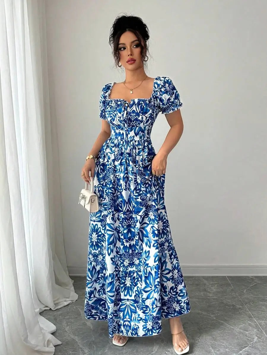 Inés | Vestido Largo Floral con Escote Cuadrado y Mangas Abullonadas
