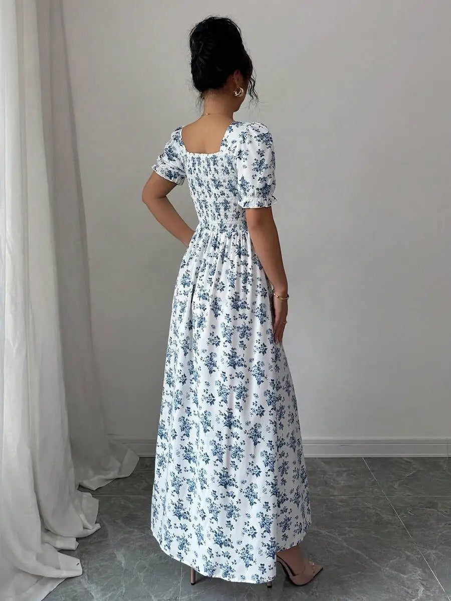 Inés | Vestido Largo Floral con Escote Cuadrado y Mangas Abullonadas