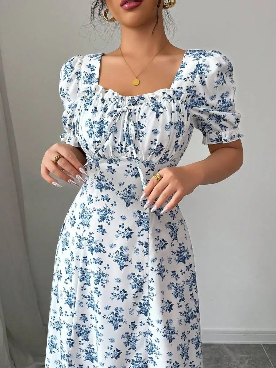 Inés | Vestido Largo Floral con Escote Cuadrado y Mangas Abullonadas