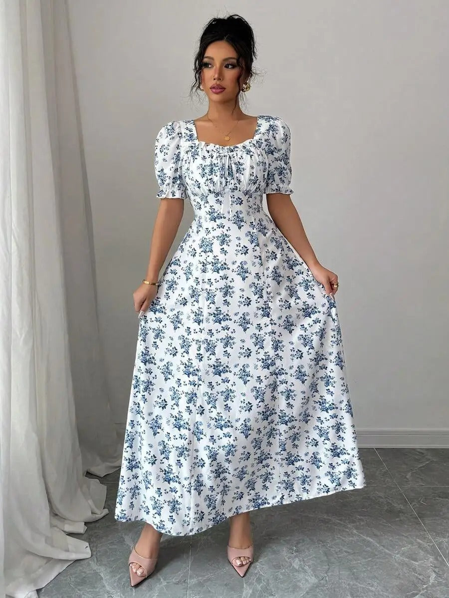 Inés | Vestido Largo Floral con Escote Cuadrado y Mangas Abullonadas