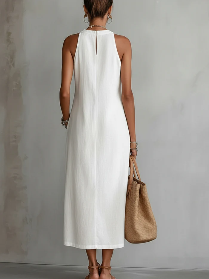 Nerea | Vestido Midi de Lino Halter con Detalle Metálico y Abertura Lateral