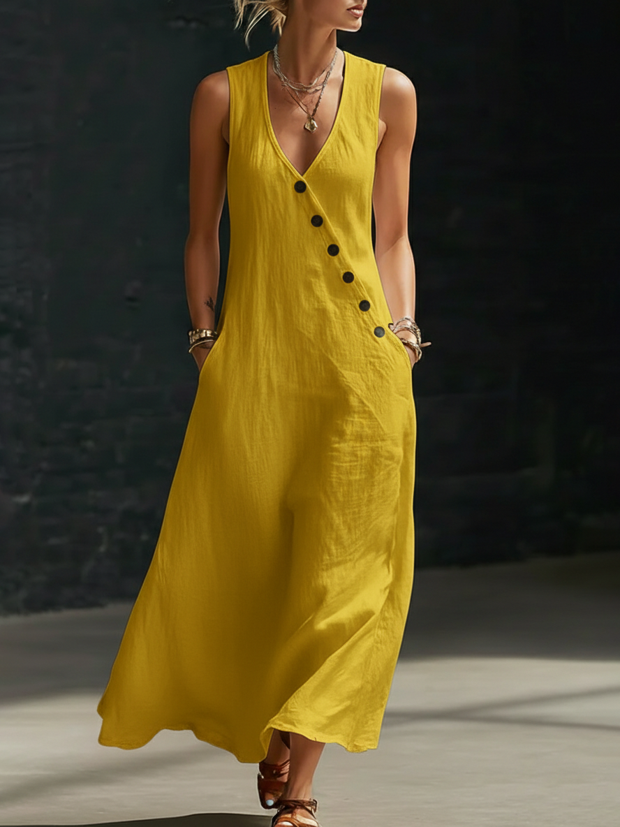 Carmen | Vestido Maxi de Lino Sin Mangas con Escote en V y Botones