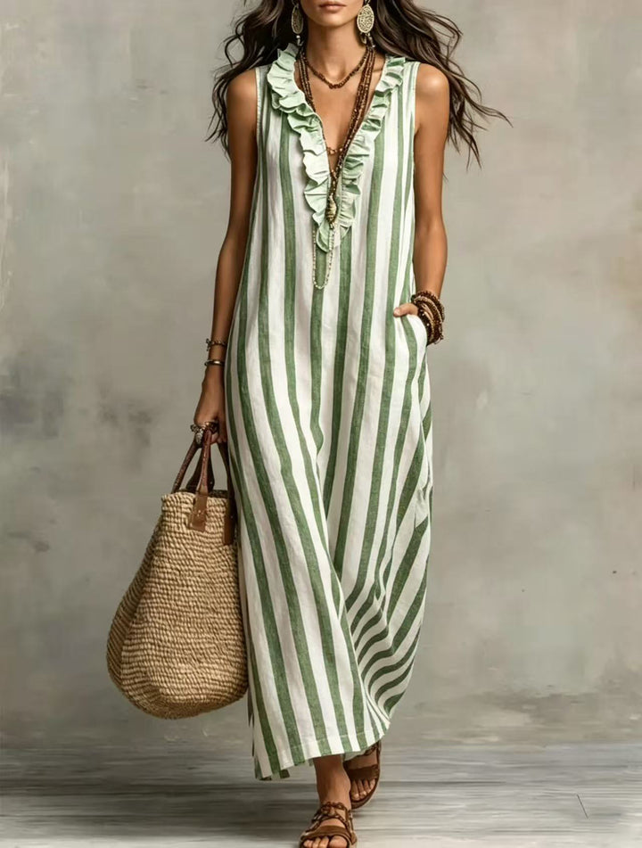 Lucía | Vestido Maxi de Lino Sin Mangas con Rayas Verticales y Bolsillos