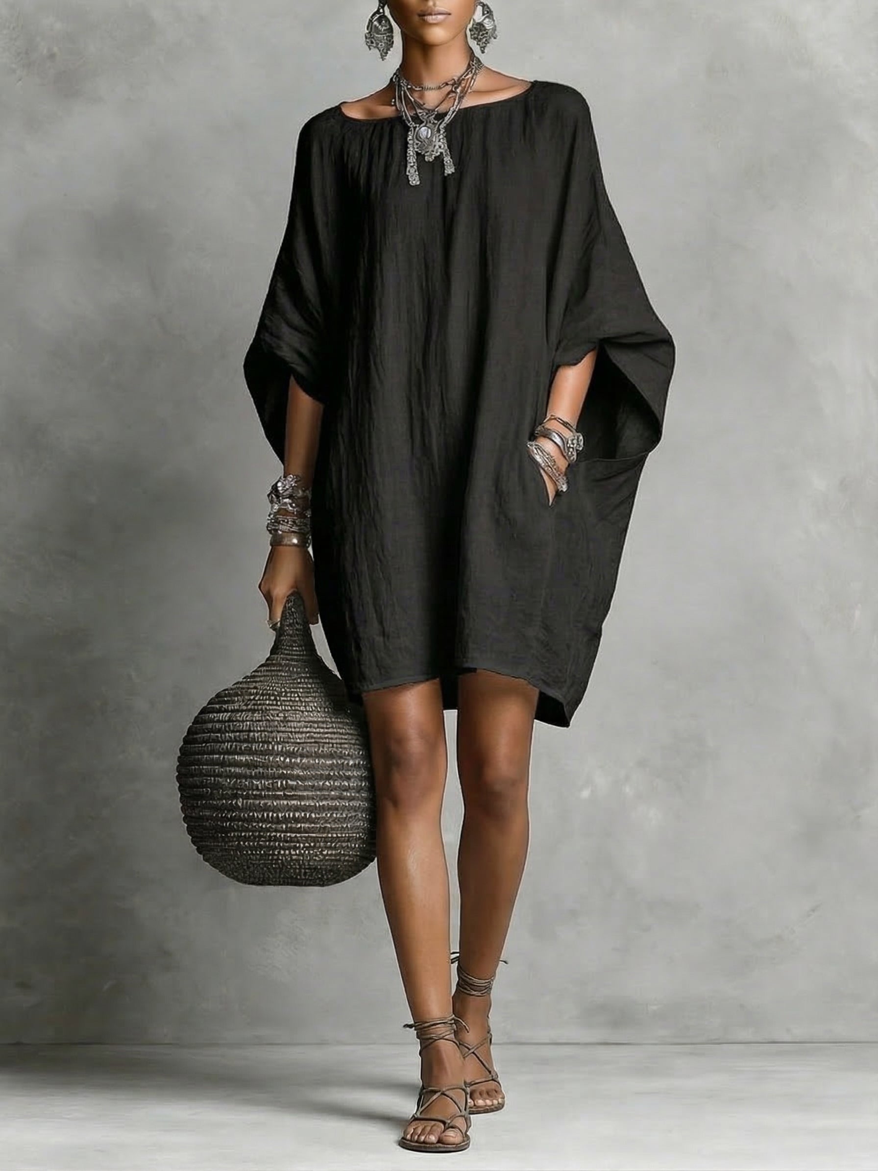 Carmen | Vestido Túnica Oversized de Lino con Manga Murciélago y Cuello Redondo