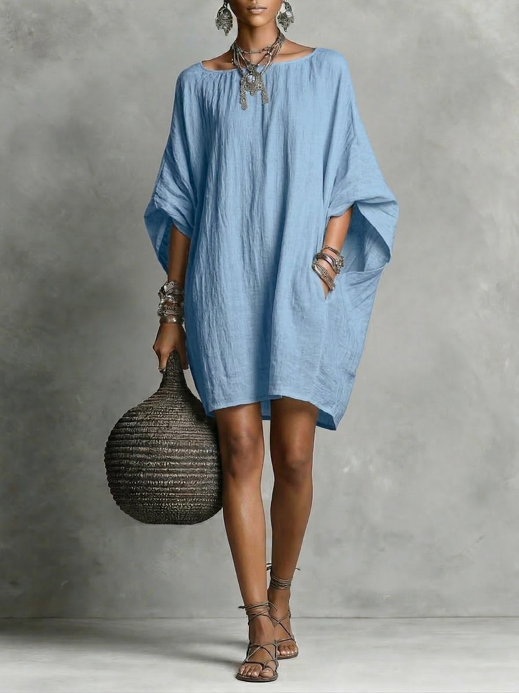Carmen | Vestido Túnica Oversized de Lino con Manga Murciélago y Cuello Redondo