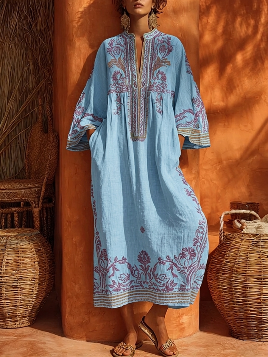 Vestido Túnica Midi de Lino con Bordados Florales y Manga Larga