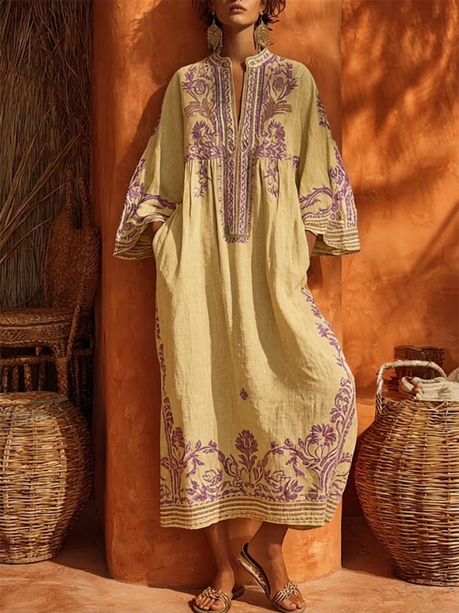 Vestido Túnica Midi de Lino con Bordados Florales y Manga Larga