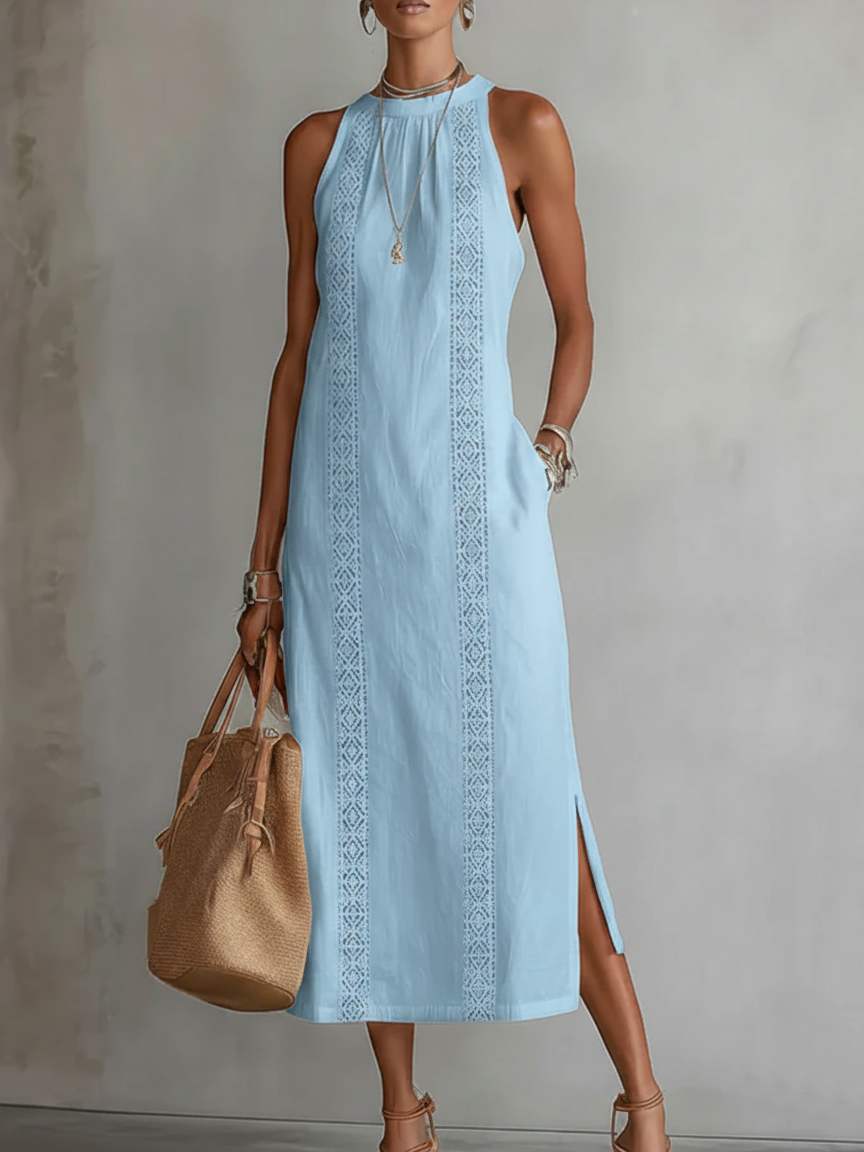 Nerea | Vestido Midi de Lino Halter con Detalle Metálico y Abertura Lateral