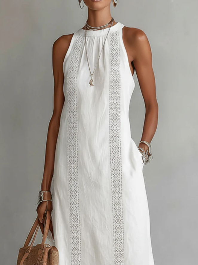 Nerea | Vestido Midi de Lino Halter con Detalle Metálico y Abertura Lateral