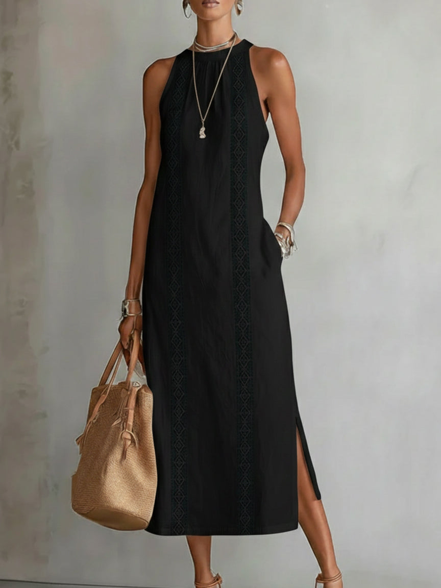 Nerea | Vestido Midi de Lino Halter con Detalle Metálico y Abertura Lateral
