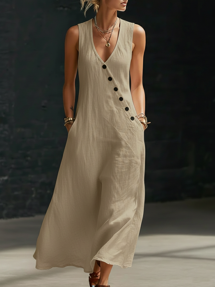 Carmen | Vestido Maxi de Lino Sin Mangas con Escote en V y Botones