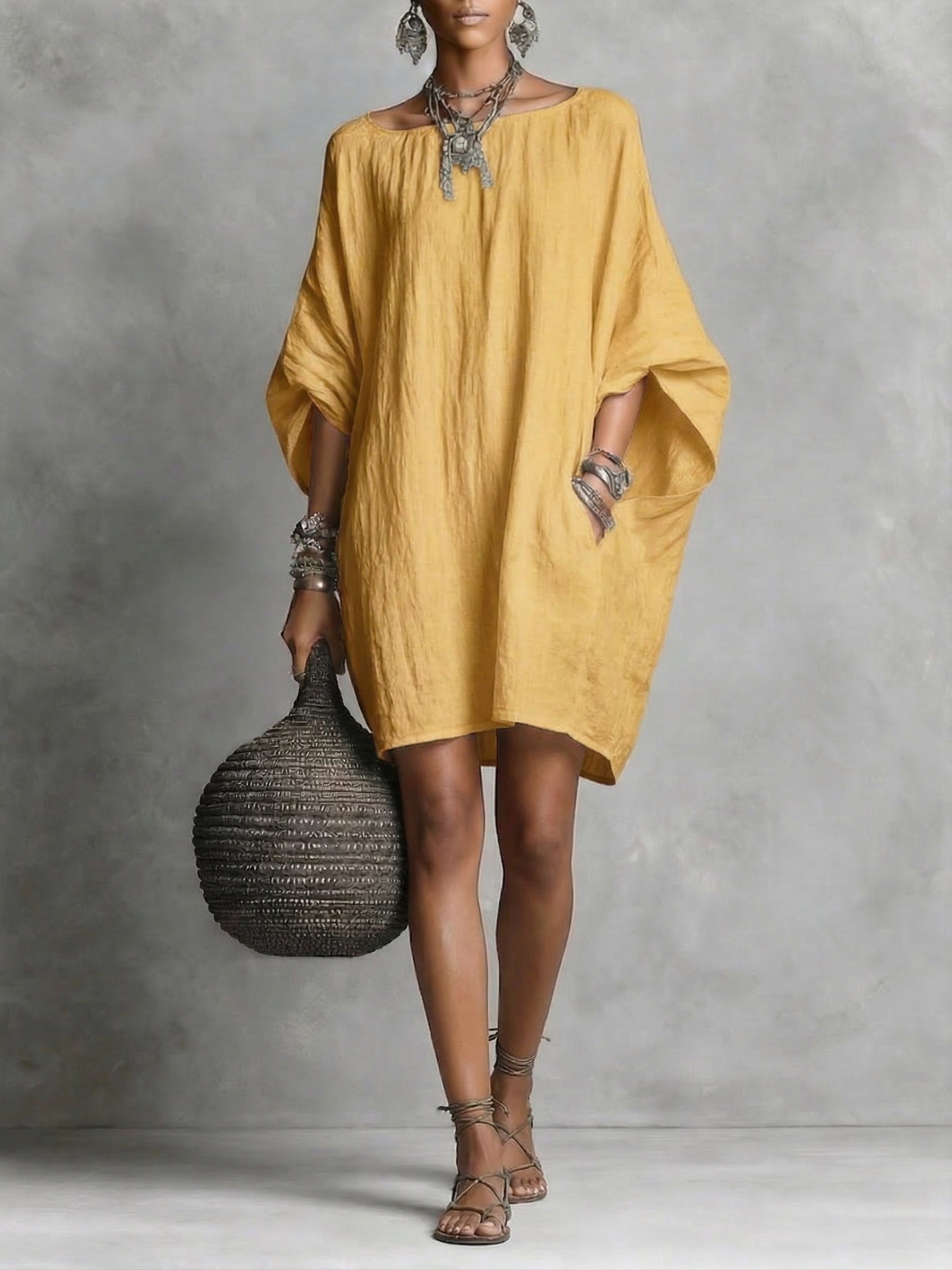 Carmen | Vestido Túnica Oversized de Lino con Manga Murciélago y Cuello Redondo