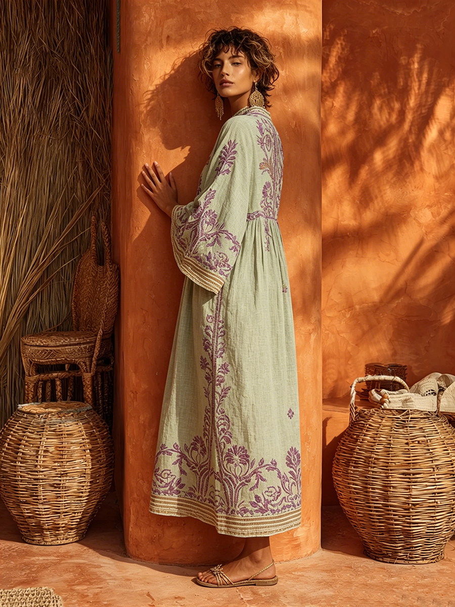 Vestido Túnica Midi de Lino con Bordados Florales y Manga Larga
