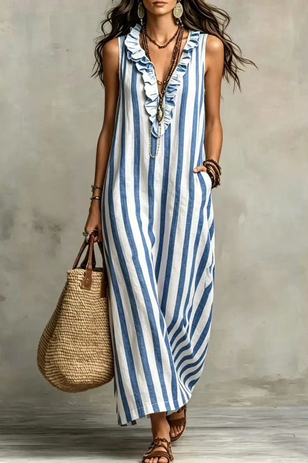 Lucía | Vestido Maxi de Lino Sin Mangas con Rayas Verticales y Bolsillos