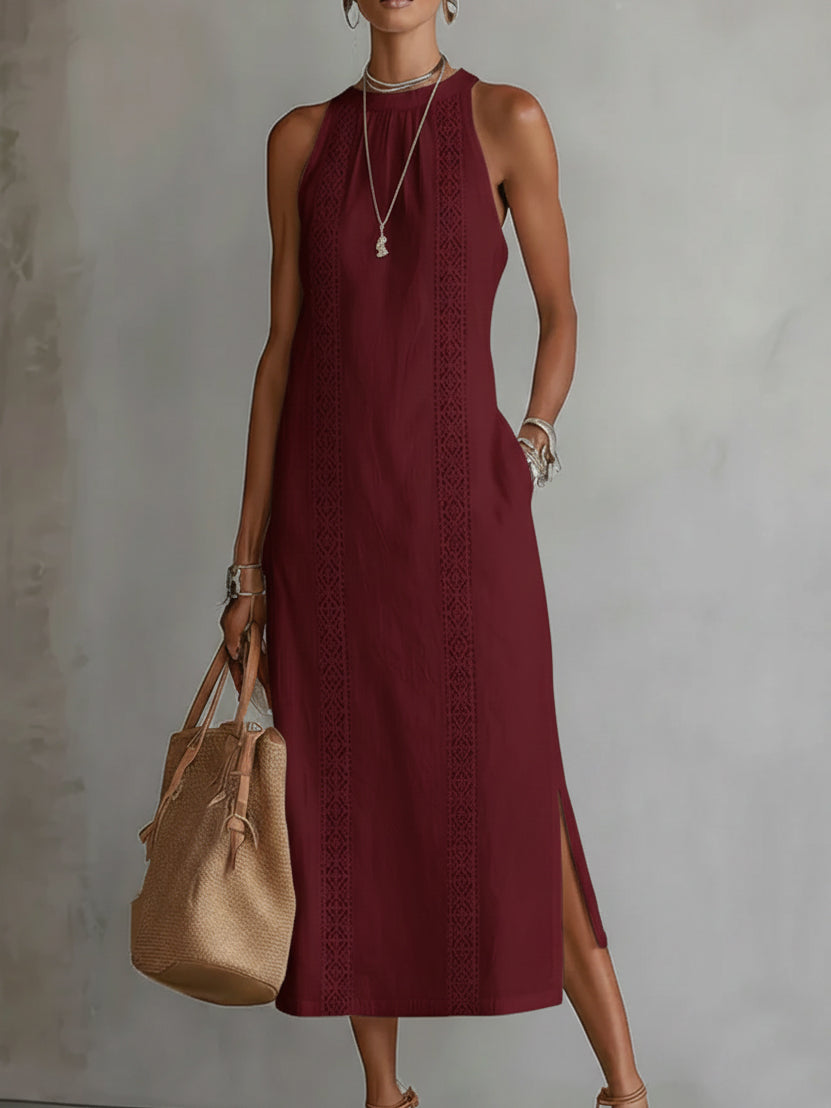 Nerea | Vestido Midi de Lino Halter con Detalle Metálico y Abertura Lateral
