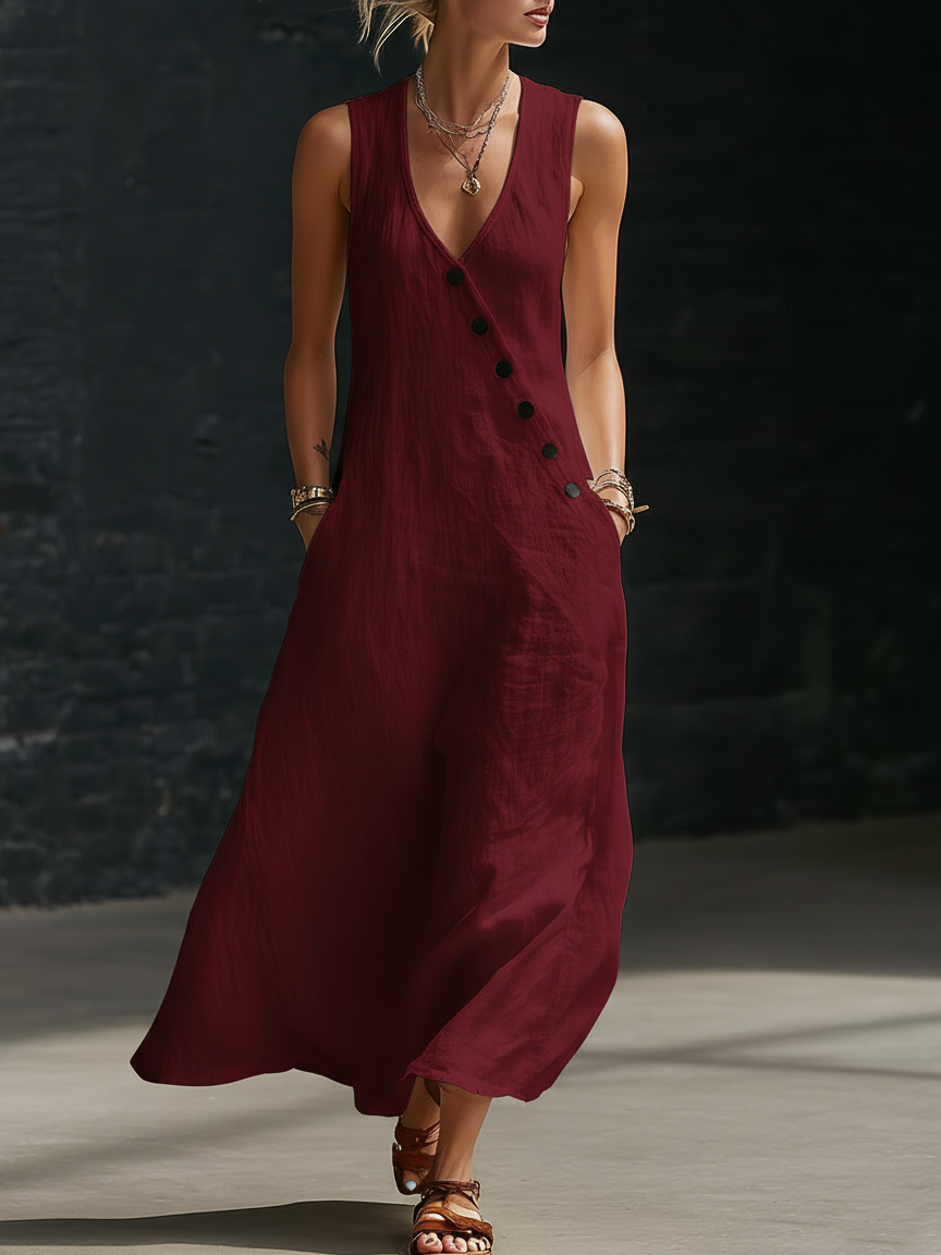 Carmen | Vestido Maxi de Lino Sin Mangas con Escote en V y Botones