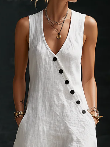 Carmen | Vestido Maxi de Lino Sin Mangas con Escote en V y Botones