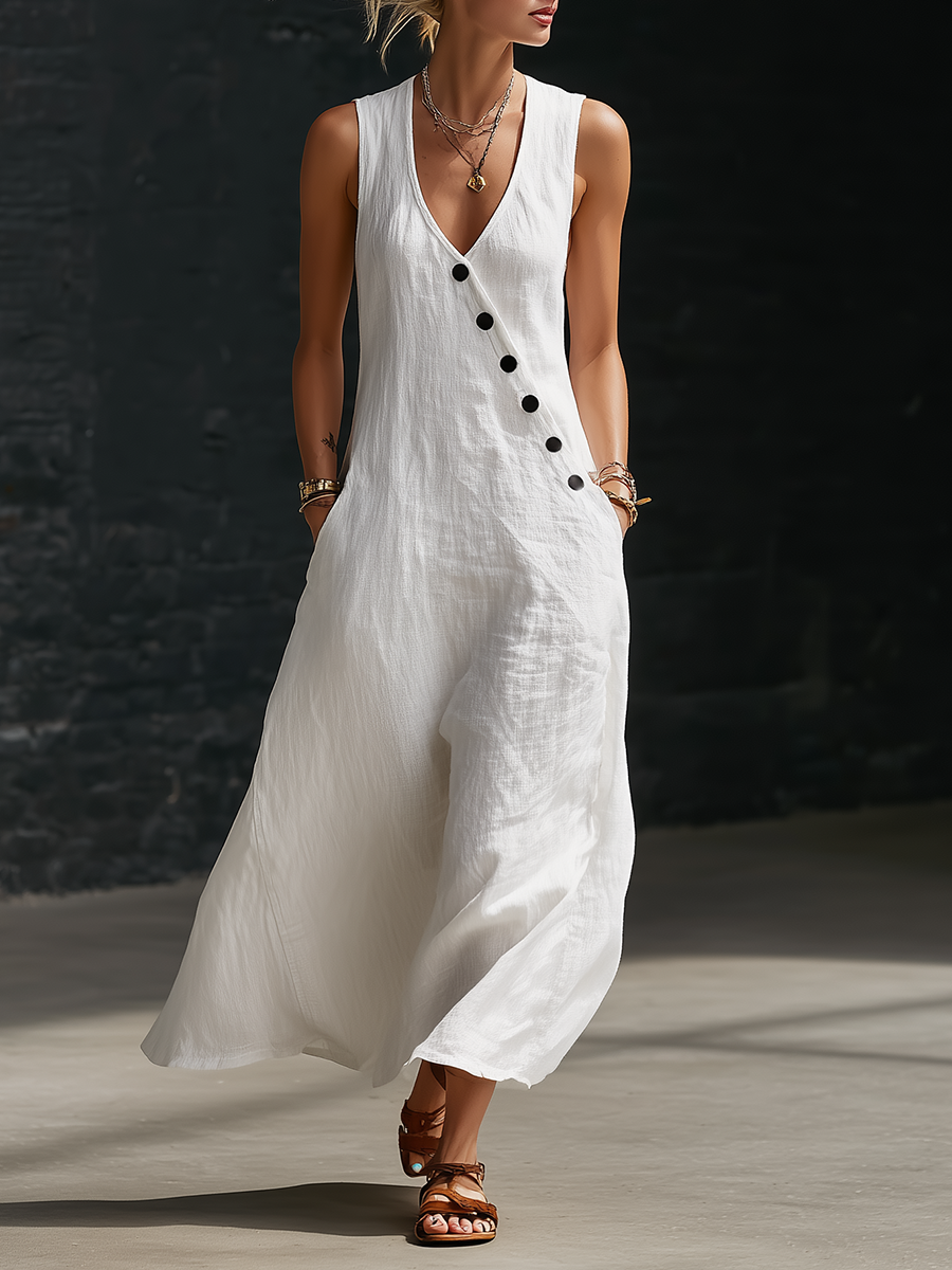 Carmen | Vestido Maxi de Lino Sin Mangas con Escote en V y Botones