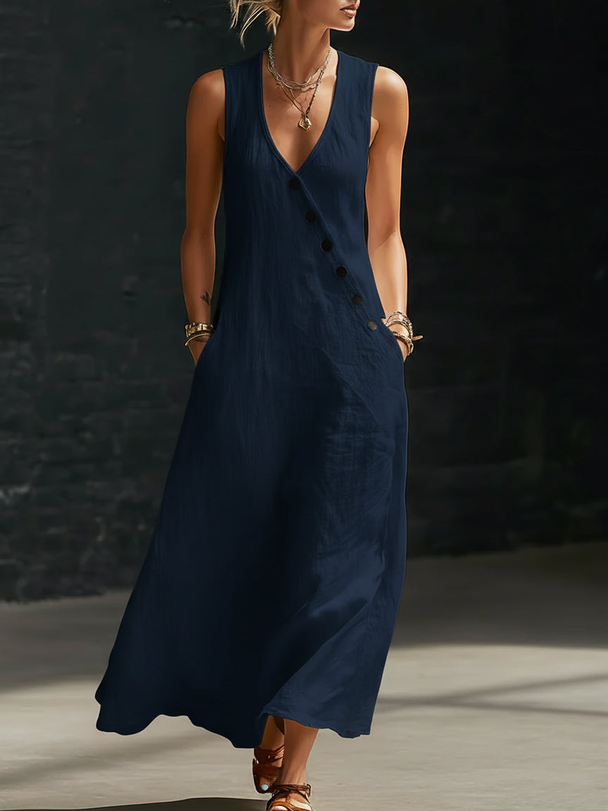 Carmen | Vestido Maxi de Lino Sin Mangas con Escote en V y Botones