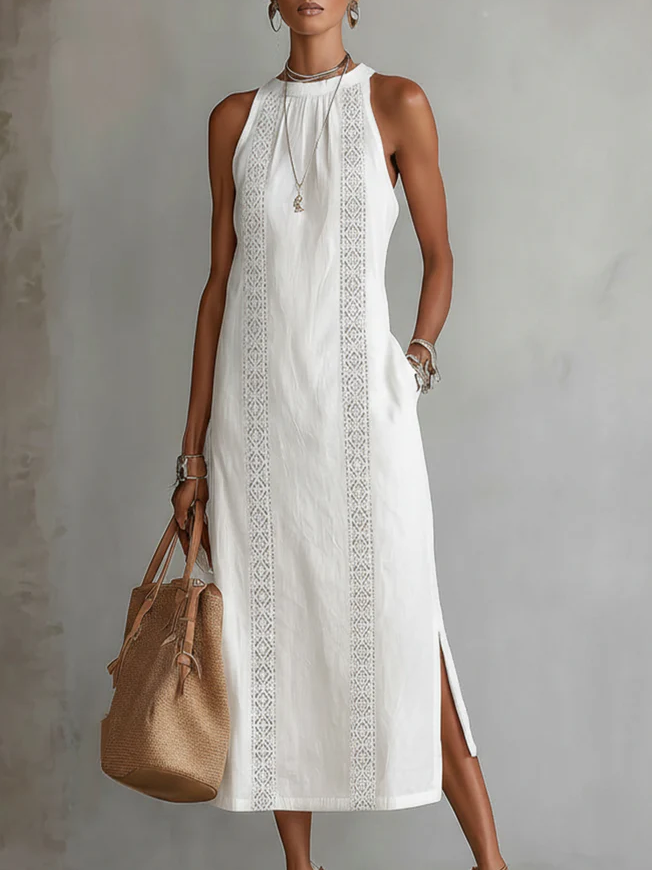 Nerea | Vestido Midi de Lino Halter con Detalle Metálico y Abertura Lateral
