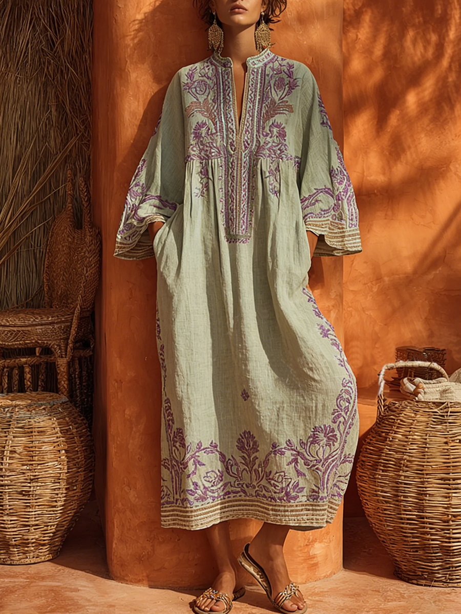 Vestido Túnica Midi de Lino con Bordados Florales y Manga Larga