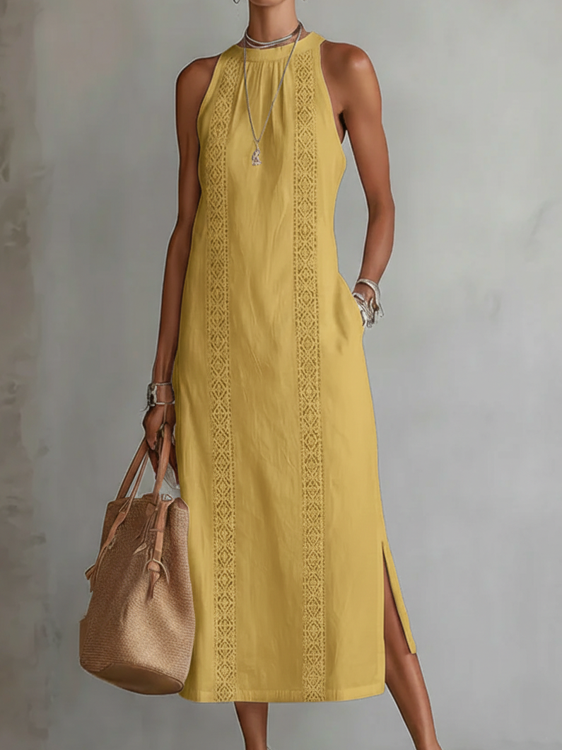 Nerea | Vestido Midi de Lino Halter con Detalle Metálico y Abertura Lateral