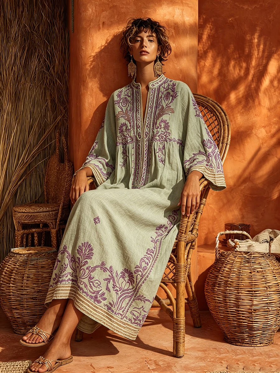 Vestido Túnica Midi de Lino con Bordados Florales y Manga Larga