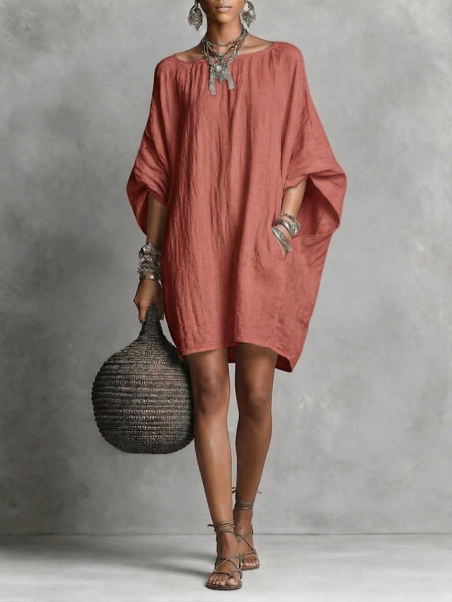 Carmen | Vestido Túnica Oversized de Lino con Manga Murciélago y Cuello Redondo