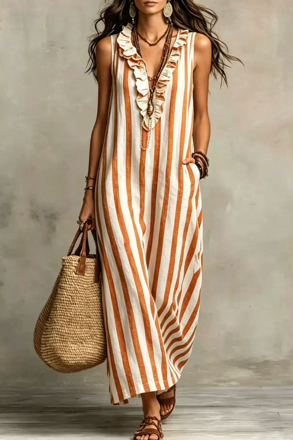 Lucía | Vestido Maxi de Lino Sin Mangas con Rayas Verticales y Bolsillos