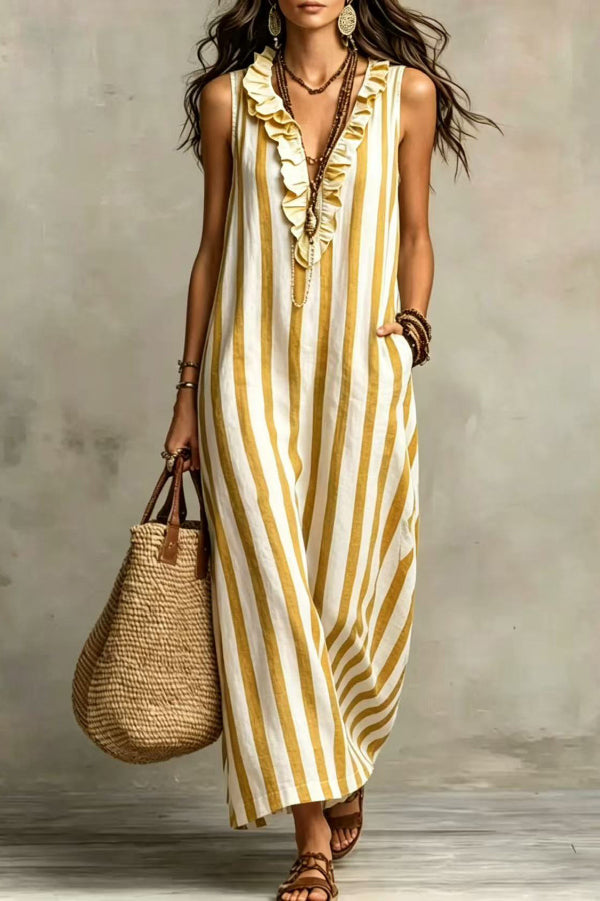 Lucía | Vestido Maxi de Lino Sin Mangas con Rayas Verticales y Bolsillos