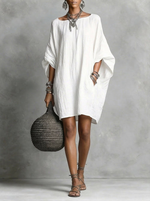 Carmen | Vestido Túnica Oversized de Lino con Manga Murciélago y Cuello Redondo