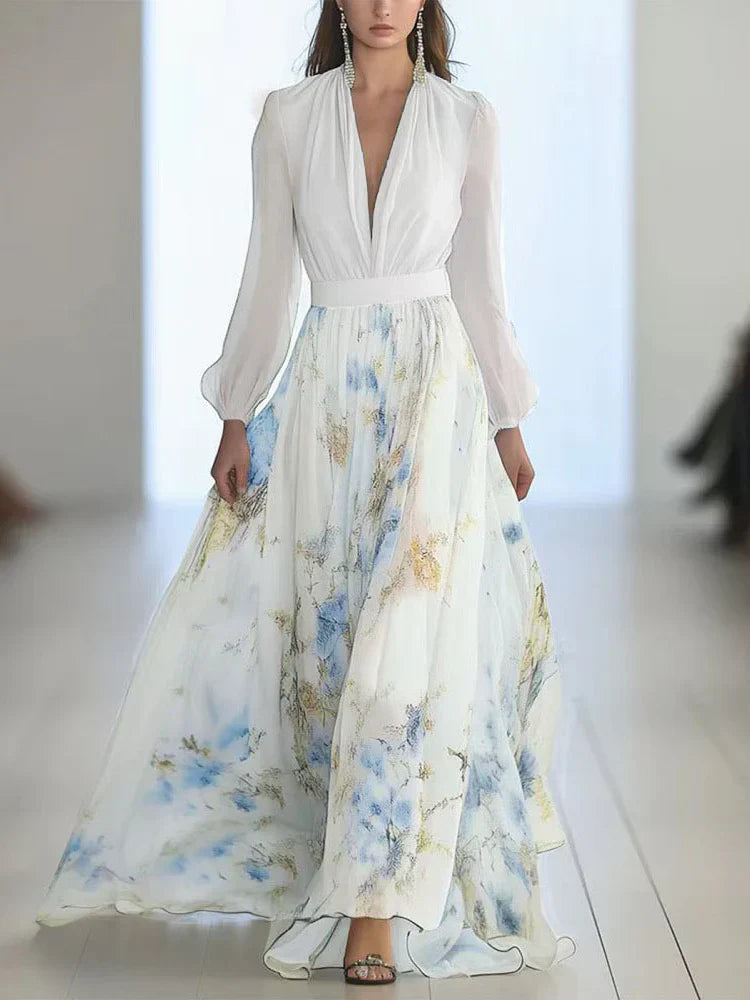 Isabel | Vestido Maxi Bicolor con Top de Manga Bufante y Falda Floral en Chiffon