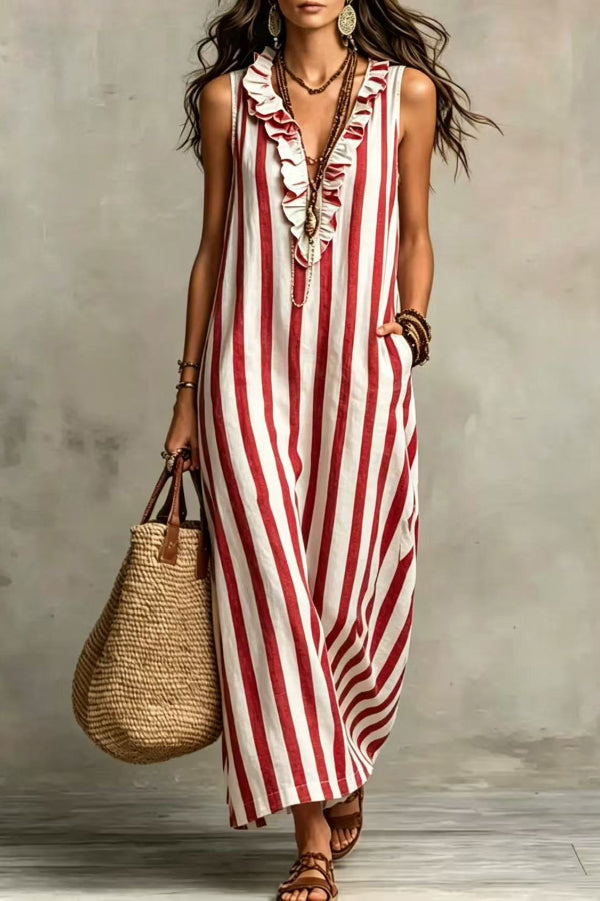 Lucía | Vestido Maxi de Lino Sin Mangas con Rayas Verticales y Bolsillos